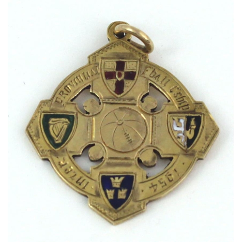 108 - 1954 Railway Cup - Leinster WinnersMedal: G.A.A., Football, a 9ct gold cross shaped Medal with pierc... 