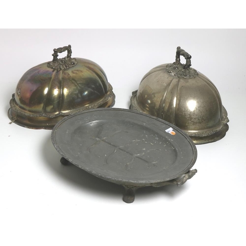 11 - Two heavy Victorian silver plated Dish Covers, with ornate handles; together with matching pewter Wa... 