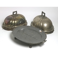 Two heavy Victorian silver plated Dish Covers, with ornate handles; together with matching pewter Wa... 