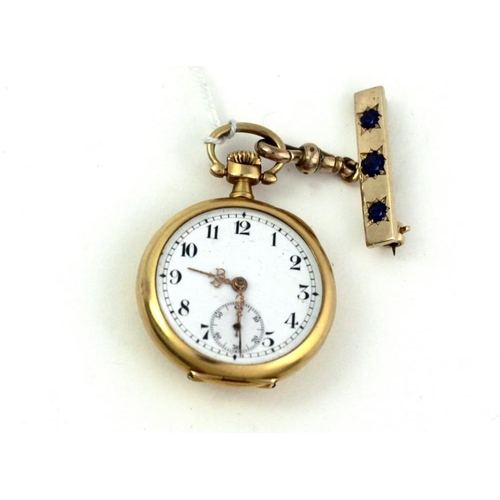 116 - A very attractive small 18ct gold Ladies Brooch Watch, the watch set with two small old cut diamonds... 