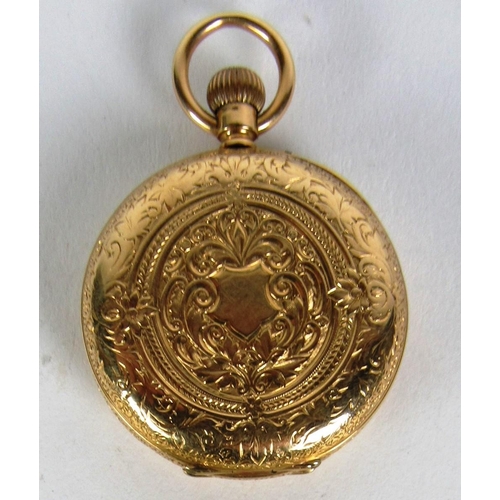 121 - A very attractive small 18ct gold keyless Pocket Watch, with enamel dial, the chased and engraved ca... 