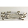 A 19th Century oval silver plated Tray, with segmented glass centre, together with a set of 6 plated... 