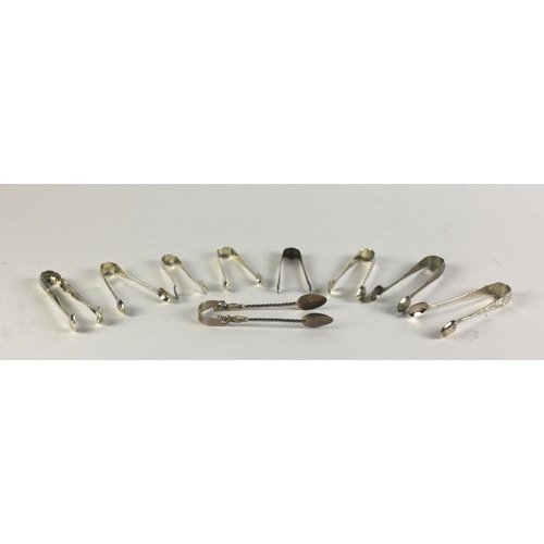 69 - A varied collection of 9 small silver Sugar Tongs, mostly London & Birmingham c. 1880 - 1920, overal... 