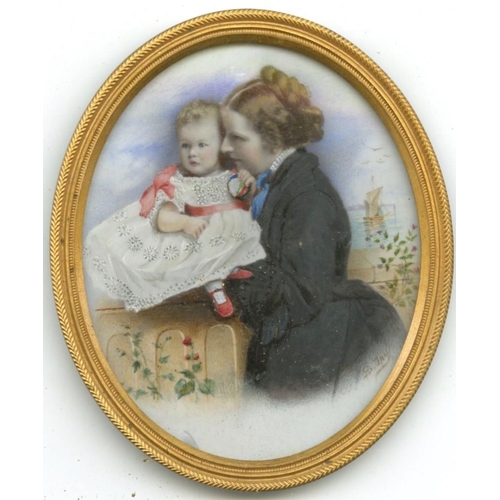 80 - S. FryMiniature: Attractive Portrait of Mother & Child seated on a pier near a harbour,