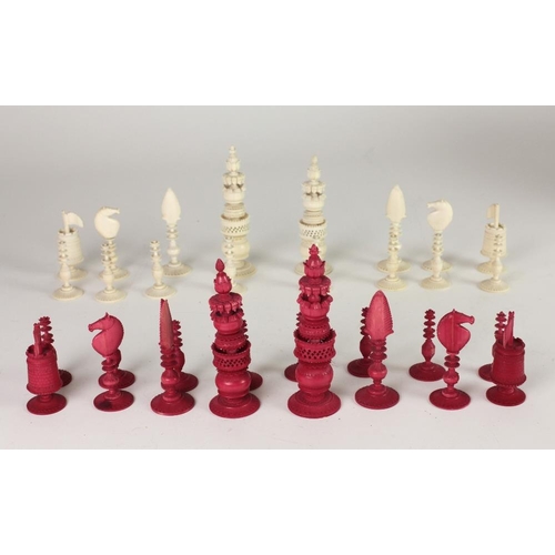 106 - A very fine 19th Century carved, pierced and engraved Chinese ivory Chess Set, probably Cantonese, k... 