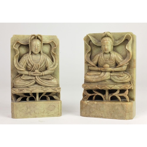 115 - A pair of 19th Century soapstone Book Ends, in the Chinese taste, each decorated with deity figure. ... 