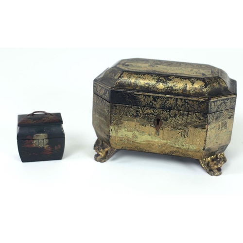 127 - An attractive 19th Century Chinese gilt decorated shaped octagonal Box, painted with interior and ex... 