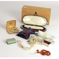 Jewellery: A box of varied antique pearl Necklaces, some coral ditto, a very good garnet Necklace, c... 