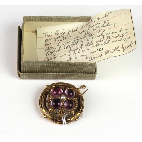 70 - An attractive large Victorian gold Brooch with four amethyst stones and small pearl, with safety cha... 