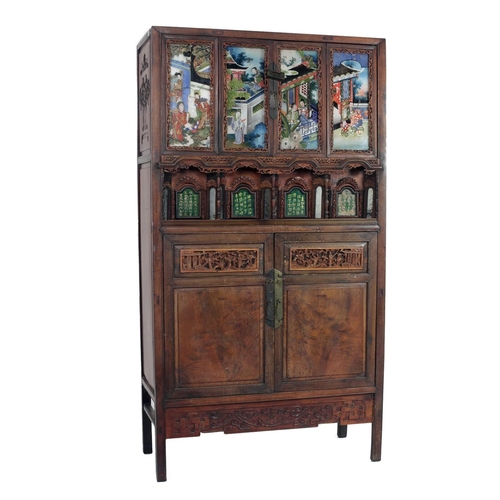 711 - An important 19th Century hardwood Chinese Cabinet, the plain top over four hand painted glass panel... 