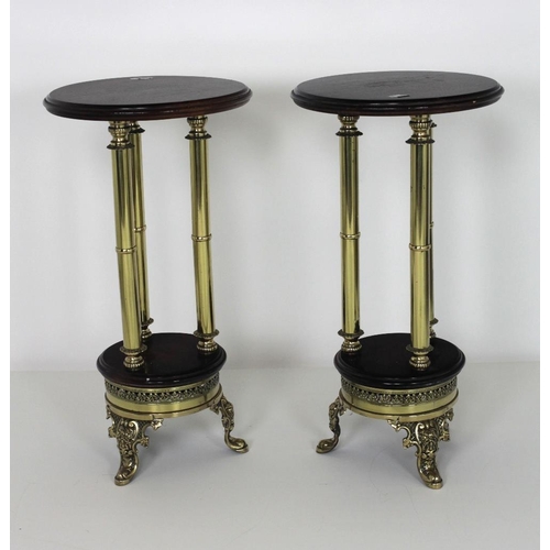 768 - A pair of Victorian heavy brass and mahogany Jardiniere Stands, each with three decorated brass pill... 