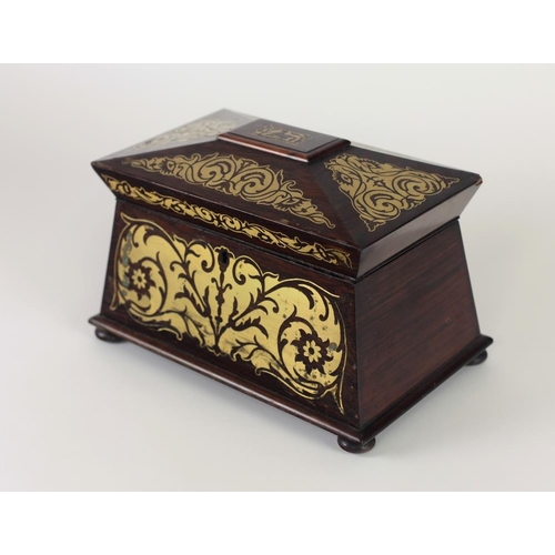 779 - A Regency casket shaped rosewood Tea Caddy, the top with brass inlaid decoration and with a similarl... 