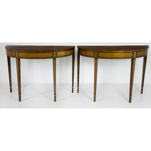 780 - An attractive pair of 19th Century mahogany and satinwood inlaid demi-lune Side Tables, the plain to... 