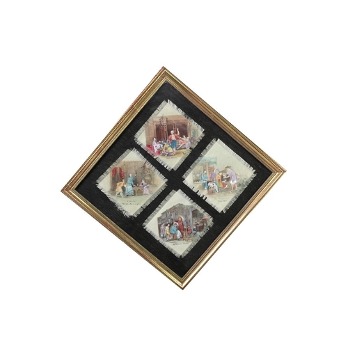 791 - A set of three uniformly framed 19th Century Silks, each containing four colourful painted silk pane... 