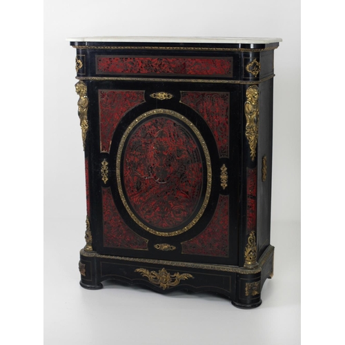 792 - A 19th Century red boulle ebonised and brass inlaid single door Cabinet, the shaped marble top over ... 