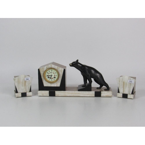 794 - An attractive art Deco marble Clock Garniture, surmounted with a bronze brown bear, painted dial, an... 