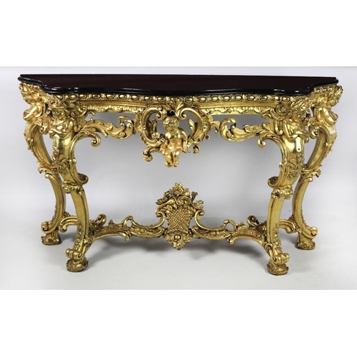 795 - An early 19th Century English giltwood Console Table, with serpentine moulded marble top over an egg... 