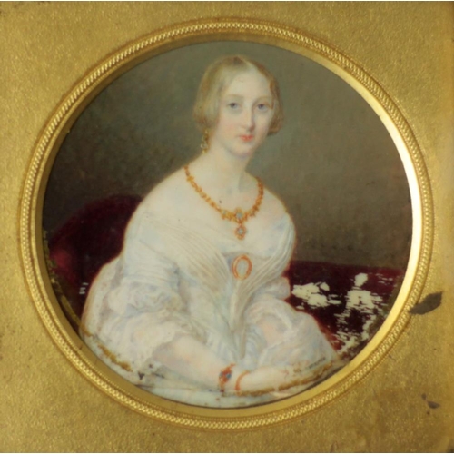 95 - 19th Century English SchoolMiniature: A circular Profile Painting on ivory of a Lady in white dress ... 