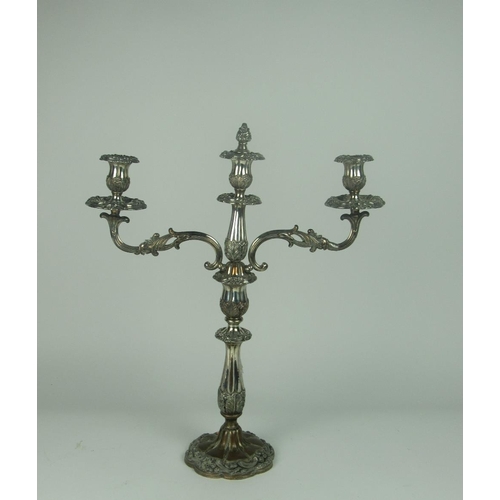 15 - A heavy 19th Century three light two branch Candelabra, silver plated on copper, 55cms (21 1/2