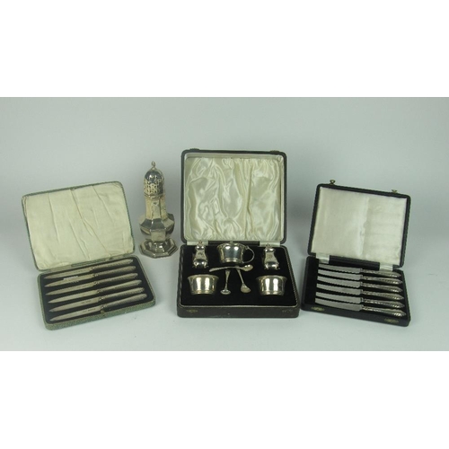 55 - A cased silver Condiment Set, two cased sets of 6 Fruit Knives, and a tall silver Castor Sugar Shake... 