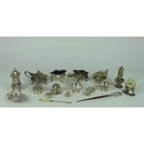 57 - A collection of small silver Items, condiments, small bowls, pill boxes etc., an interesting lot. (1... 