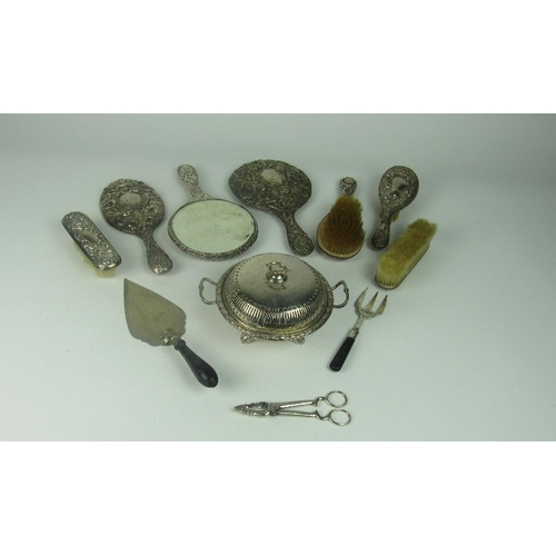 60 - A 7 piece Chester silver Dressing Table Set, with brushes and mirrors and some unusual plated items,... 