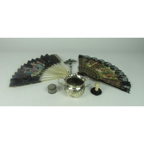 62 - An Edwardian Hair Pin, decorated flowers and fish in turquoise; two old hand held Fans, a miniature ... 