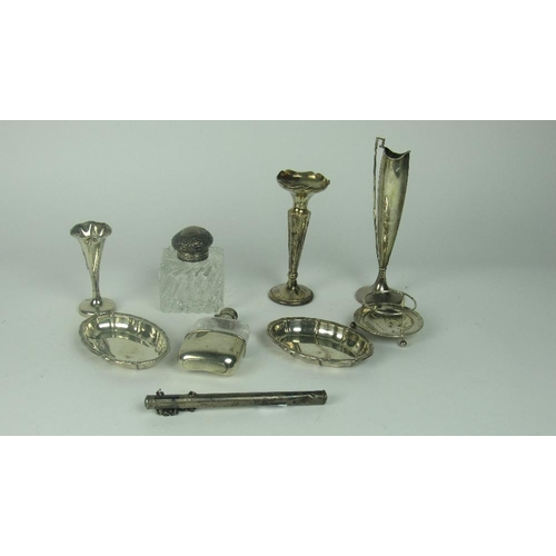 65 - Three small silver Vases, a silver Frame, a pair of small oval silver Dishes, a silver mounted cutgl... 