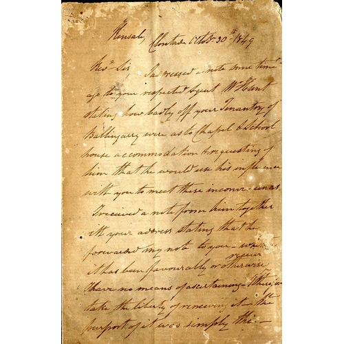 653 - Post Famine LetterFrom a Cork Parish Priest to a Cork Rector, 1849Co. Cork: Letter written by Fr. Mi... 