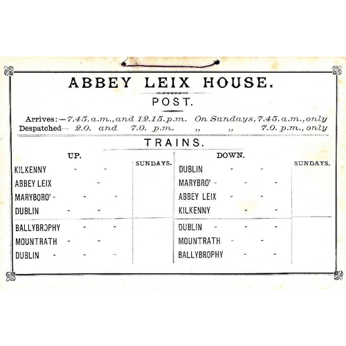 695 - Co. Laoise: Abbeyleix House. Post, A rare printed card for in-house posting at Abbeyleix. It gives t... 