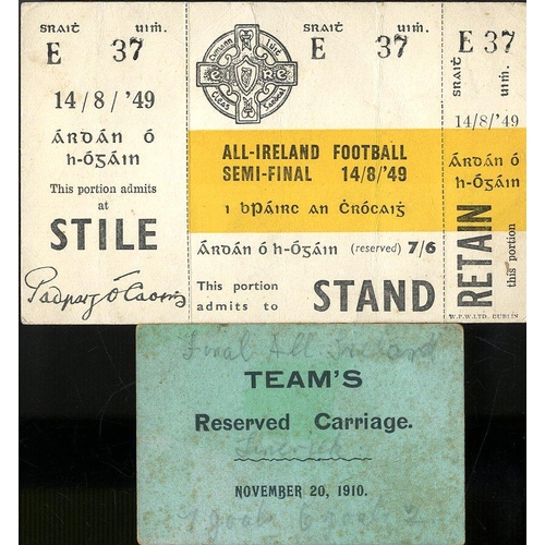 711 - 1910 All-Ireland Travel PassG.A.A., Hurling 1910,An Official Ticket for Teams Reserved Carriage Lime... 