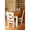 An oak and painted Kitchen Suite, comprising four heavy bracket type Chairs with X framed open backs... 