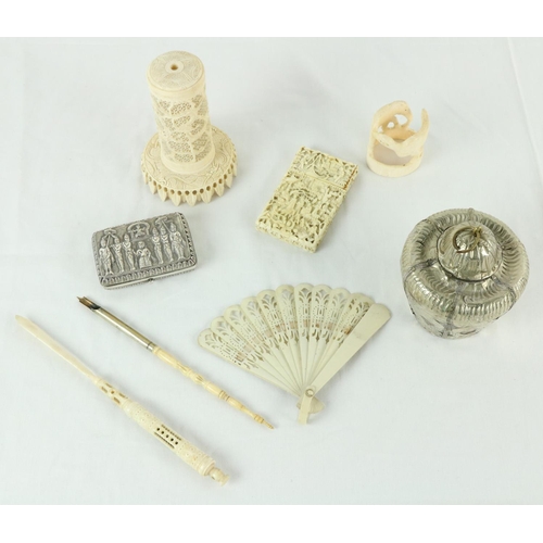 182 - A rectangular chased Indian white metal Cigarette Case, a Cantonese ivory Card Case, a Chinese carve... 