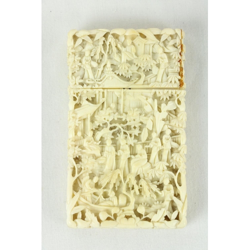 182 - A rectangular chased Indian white metal Cigarette Case, a Cantonese ivory Card Case, a Chinese carve... 