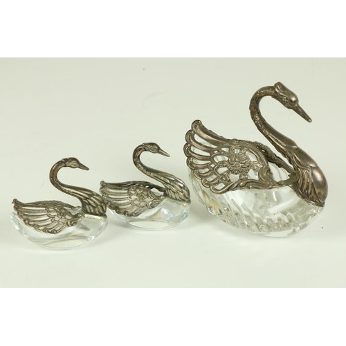 191 - A garniture of three cutglass and silver mounted Bon Bon Dishes, in the shape of swans, including a ... 