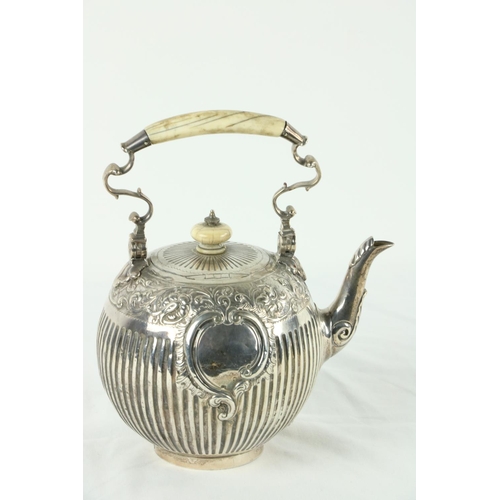 204 - A Victorian silver half fluted Tea Kettle, of bulbous form with ivory handle and finial chased with ... 