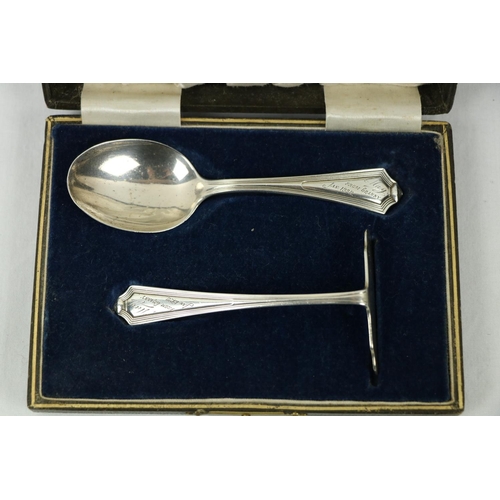 209 - A Victorian silver Set, knife, fork, spoon and napkin, London c. 1858, in original case with label o... 