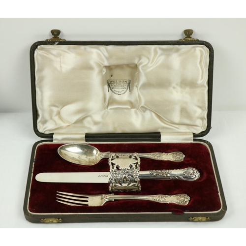 209 - A Victorian silver Set, knife, fork, spoon and napkin, London c. 1858, in original case with label o... 