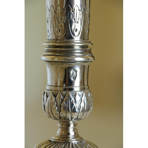 223 - A rare pair of fine quality bright cut Irish Georgian silver Candlesticks, each with removable sconc... 