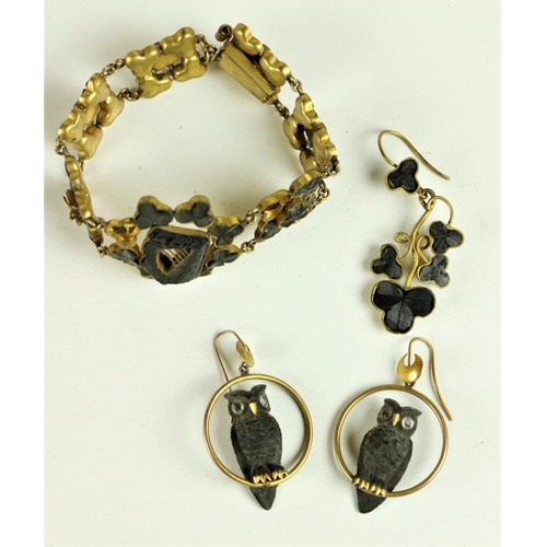 226 - A 19th Century bog oak Ladies Bracelet, decorated with shamrocks and central harp, together with a p... 