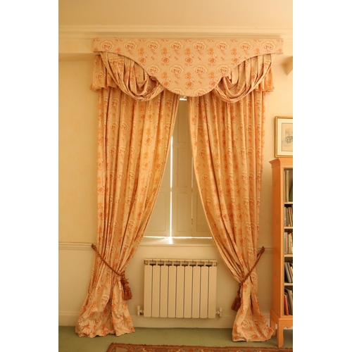 69 - Two pairs of lined salmon coloured Curtains, 274cms drop x 183cms wide (9' x 6'), with attractive dr... 