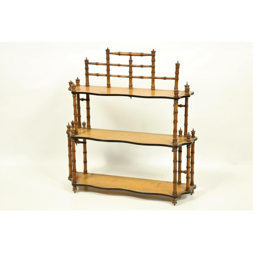 81 - A Victorian three tier satin birch Wall Bracket, with serpentine shaped shelves and simulated bamboo... 