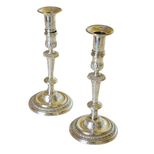 223 - A rare pair of fine quality bright cut Irish Georgian silver Candlesticks, each with removable sconc... 