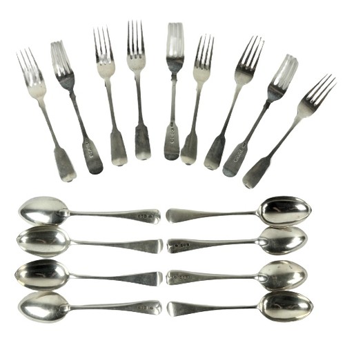 212 - A set of 8 silver Dessert Spoons, London 1903, 404 grams, together with a set of 6 fiddle pattern Su... 