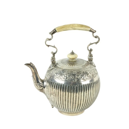 204 - A Victorian silver half fluted Tea Kettle, of bulbous form with ivory handle and finial chased with ... 