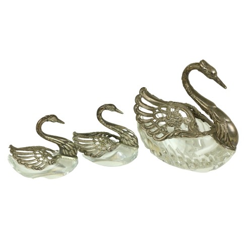 191 - A garniture of three cutglass and silver mounted Bon Bon Dishes, in the shape of swans, including a ... 