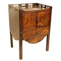 A George III period mahogany tray top Bedside Cupboard, with three-quarter chinoiserie pierced galle... 