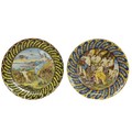 A good pair of large Castelli style Majolica Chargers,19th Century, each decorated with a different ... 