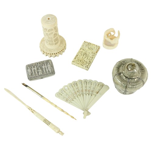 182 - A rectangular chased Indian white metal Cigarette Case, a Cantonese ivory Card Case, a Chinese carve... 