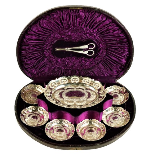 217 - A very unusual cased and silver plated Grape Service, by William Gibson, Belfast, with fruit and flo... 